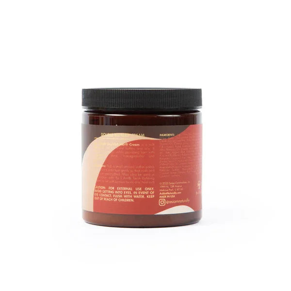 Braunes Haarpflege-Creme-Behälter mit schwarzem Deckel, Rückseite mit Inhaltsstoffen.