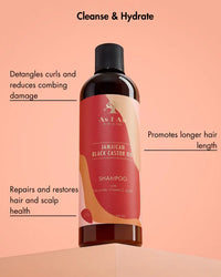 Jamaican Black Castor Oil Shampoo Flasche für lockiges Haar, auf beigem Hintergrund, mit Text zu Vorteilen wie Entwirren, Haarlänge und Reparatur.
