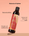 Jamaican Black Castor Oil Leave-In Conditioner Flasche vor pfirsichfarbenem Hintergrund mit Pflegevorteilen
