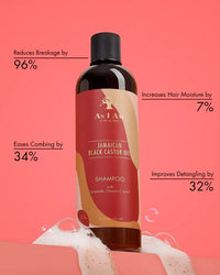 Jamaican Black Castor Oil Shampoo Flasche vor rosa Hintergrund mit Daten zu Haarpflegeeffekten, umgeben von Schaum und Blasen.