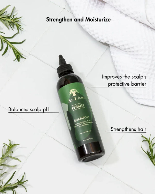 Rosemary Shampoo Flasche auf weißem Hintergrund mit Rosmarinzweigen, Text zu Haarpflege-Vorteilen.