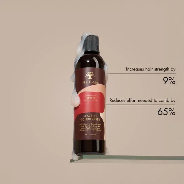 Coconut Leave-In Conditioner Flasche mit Creme, Text zur Haarpflege und Frisierhilfe sichtbar